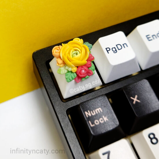 Mechanical Keyboard keycap floral collection pastel rainbow palette. Custom keycap made in Singapore.Sunshine Yellow Flower. Terrarium Artisan Keycap 100% Handmade Base Profile: OEM, Cherry, DSA profile. Material: Polymer Clay, matte finish .Compatible with Cherry MX switches and clones.