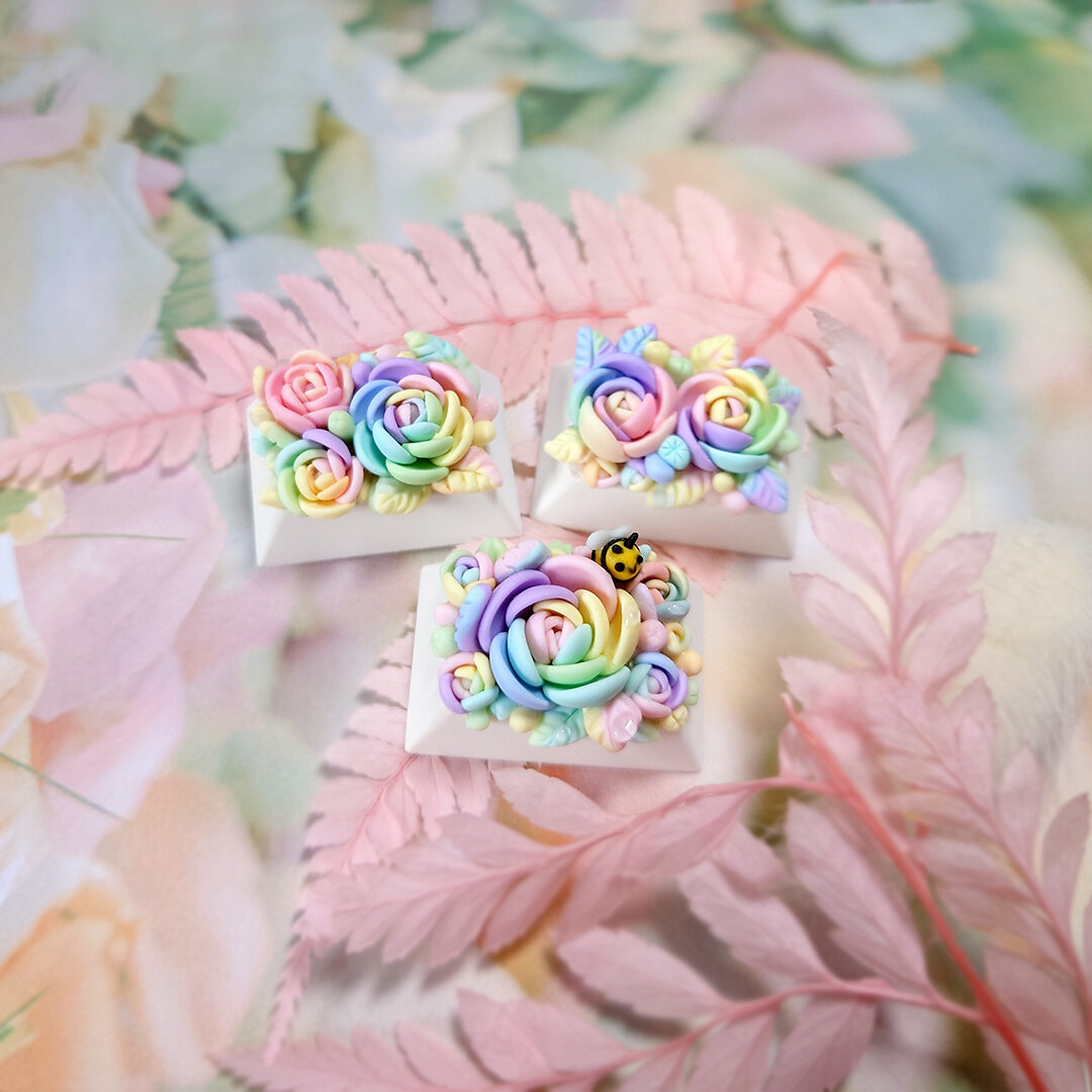 Mechanical Keyboard keycap floral collection pastel rainbow palette. Custom keycap made in Singapore. Hand made in Singapore. Terrarium Artisan Keycap 100% Handmade Base Profile: OEM, Cherry, DSA profile. Material: Polymer Clay, matte finish .Compatible with Cherry MX switches and clones.