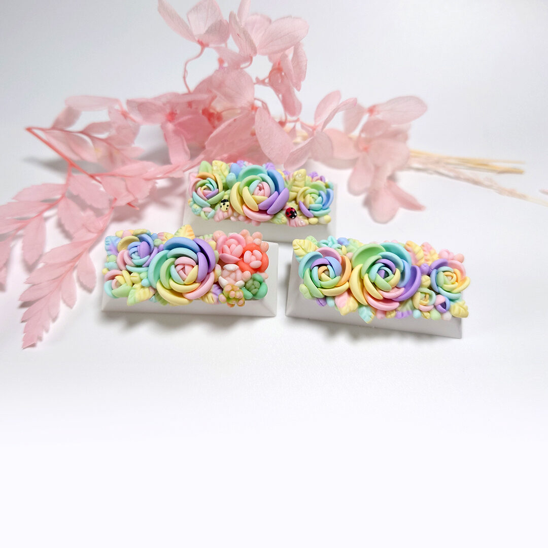 Mechanical Keyboard keycap floral collection pastel rainbow palette. Custom keycap made in Singapore. Hand made in Singapore. Terrarium Artisan Keycap 100% Handmade Base Profile: OEM, Cherry, DSA profile. Material: Polymer Clay, matte finish .Compatible with Cherry MX switches and clones.