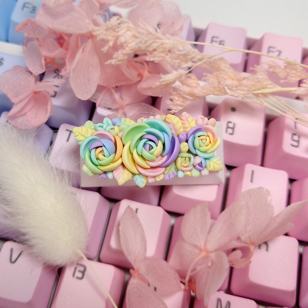 Mechanical Keyboard keycap floral collection pastel rainbow palette. Custom keycap made in Singapore. Hand made in Singapore. Terrarium Artisan Keycap 100% Handmade Base Profile: OEM, Cherry, DSA profile. Material: Polymer Clay, matte finish .Compatible with Cherry MX switches and clones.