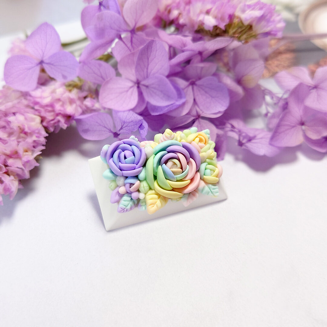 Mechanical Keyboard keycap floral collection pastel rainbow palette. Custom keycap made in Singapore. Hand made in Singapore. Terrarium Artisan Keycap 100% Handmade Base Profile: OEM, Cherry, DSA profile. Material: Polymer Clay, matte finish .Compatible with Cherry MX switches and clones.