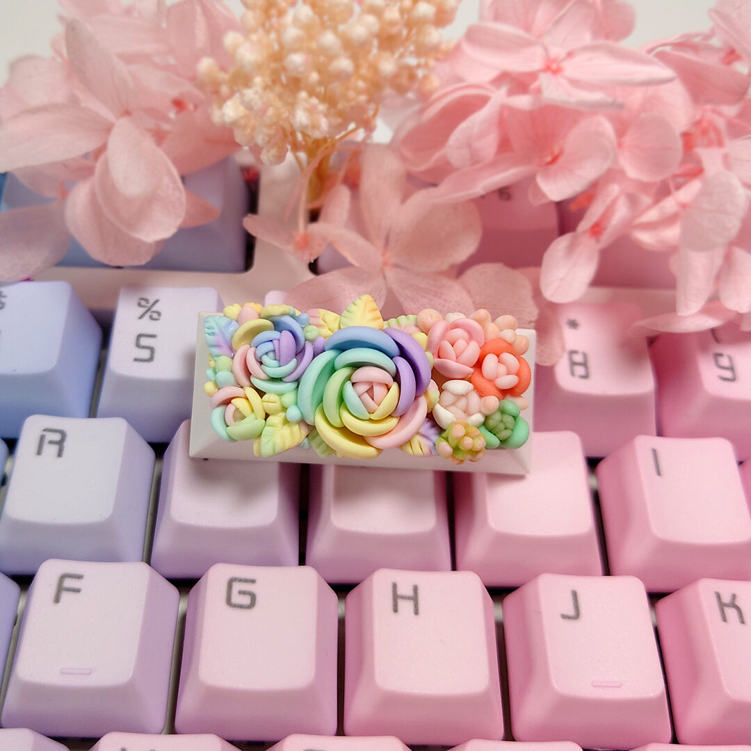 Mechanical Keyboard keycap floral collection pastel rainbow palette. Custom keycap made in Singapore. Hand made in Singapore. Terrarium Artisan Keycap 100% Handmade Base Profile: OEM, Cherry, DSA profile. Material: Polymer Clay, matte finish .Compatible with Cherry MX switches and clones.