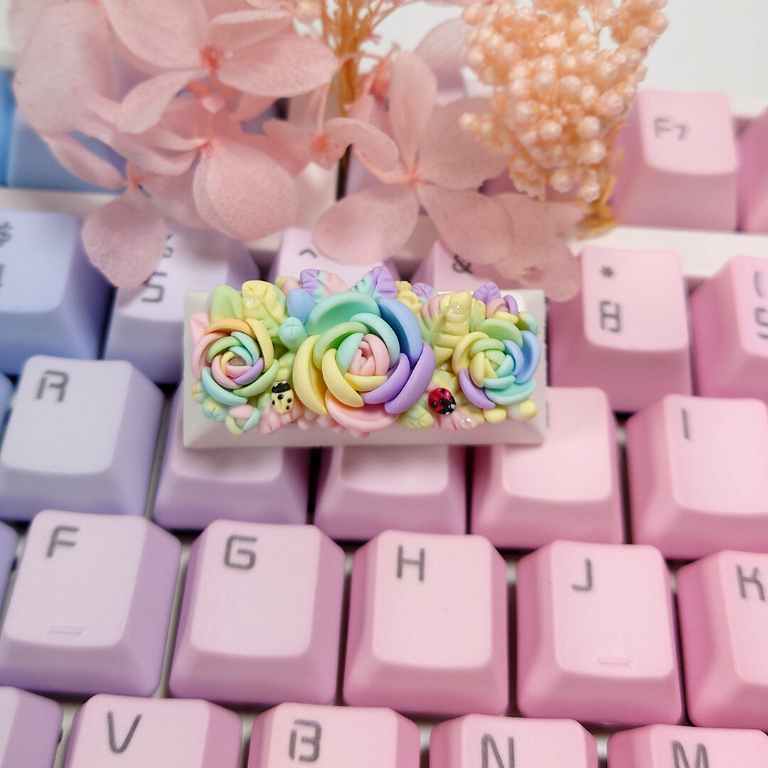 Mechanical Keyboard keycap floral collection pastel rainbow palette. Custom keycap made in Singapore. Hand made in Singapore. Terrarium Artisan Keycap 100% Handmade Base Profile: OEM, Cherry, DSA profile. Material: Polymer Clay, matte finish .Compatible with Cherry MX switches and clones.