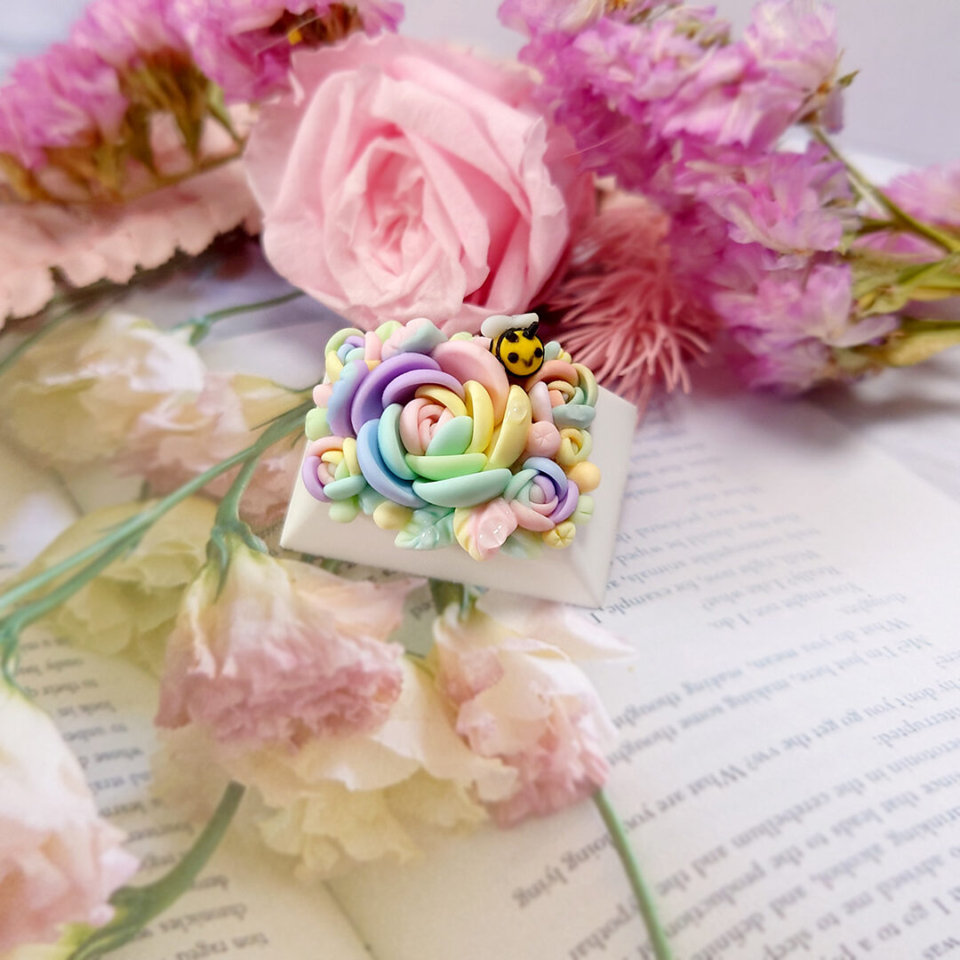 Mechanical Keyboard keycap floral collection pastel rainbow palette. Custom keycap made in Singapore. Hand made in Singapore. Terrarium Artisan Keycap 100% Handmade Base Profile: OEM, Cherry, DSA profile. Material: Polymer Clay, matte finish .Compatible with Cherry MX switches and clones.