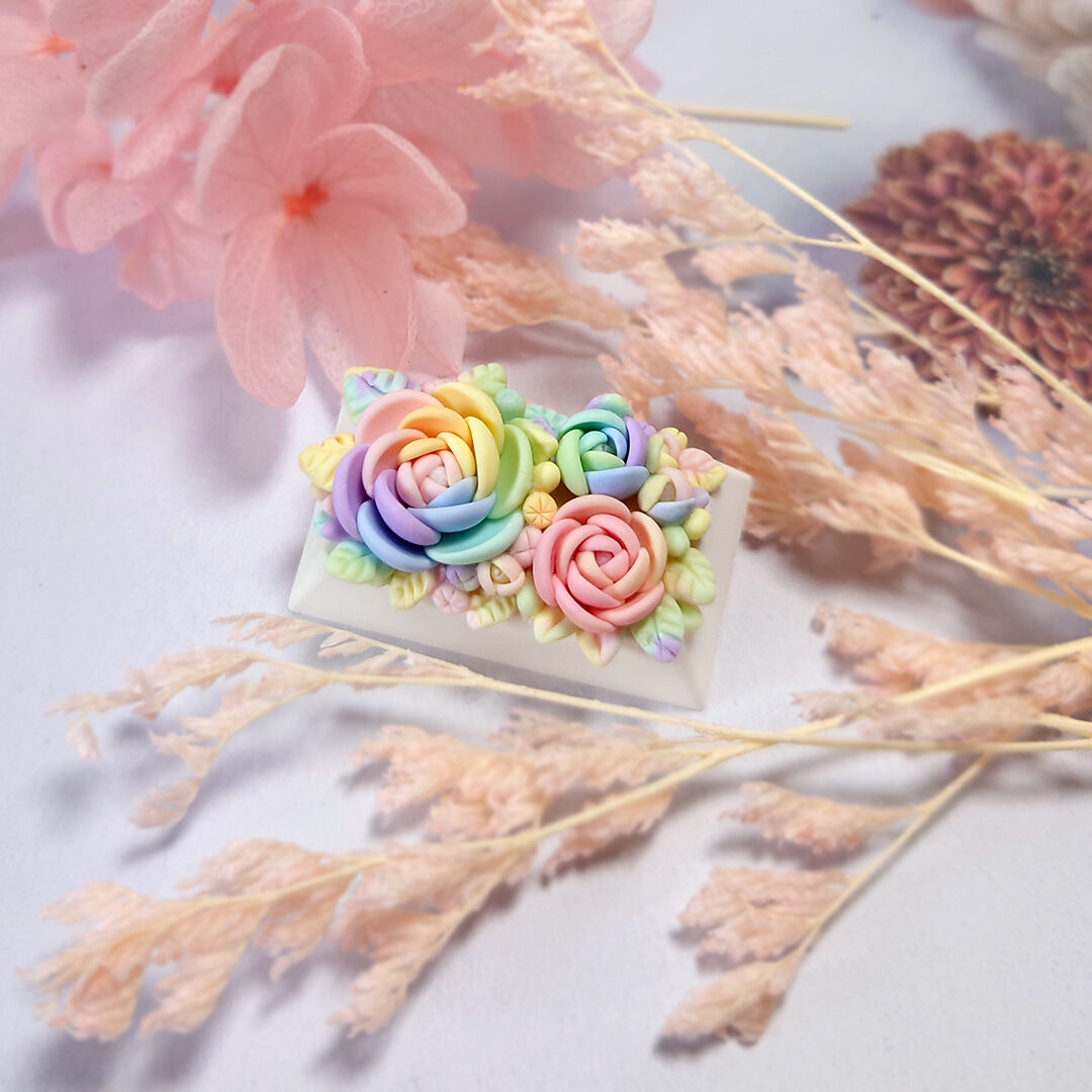 Mechanical Keyboard keycap floral collection pastel rainbow palette. Custom keycap made in Singapore. Hand made in Singapore. Terrarium Artisan Keycap 100% Handmade Base Profile: OEM, Cherry, DSA profile. Material: Polymer Clay, matte finish .Compatible with Cherry MX switches and clones.