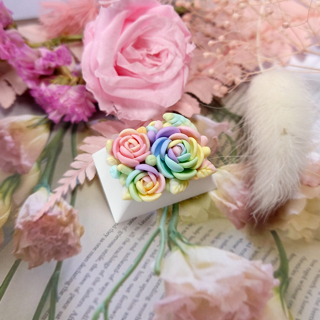 Mechanical Keyboard keycap floral collection pastel rainbow palette. Custom keycap made in Singapore. Hand made in Singapore. Terrarium Artisan Keycap 100% Handmade Base Profile: OEM, Cherry, DSA profile. Material: Polymer Clay, matte finish .Compatible with Cherry MX switches and clones.